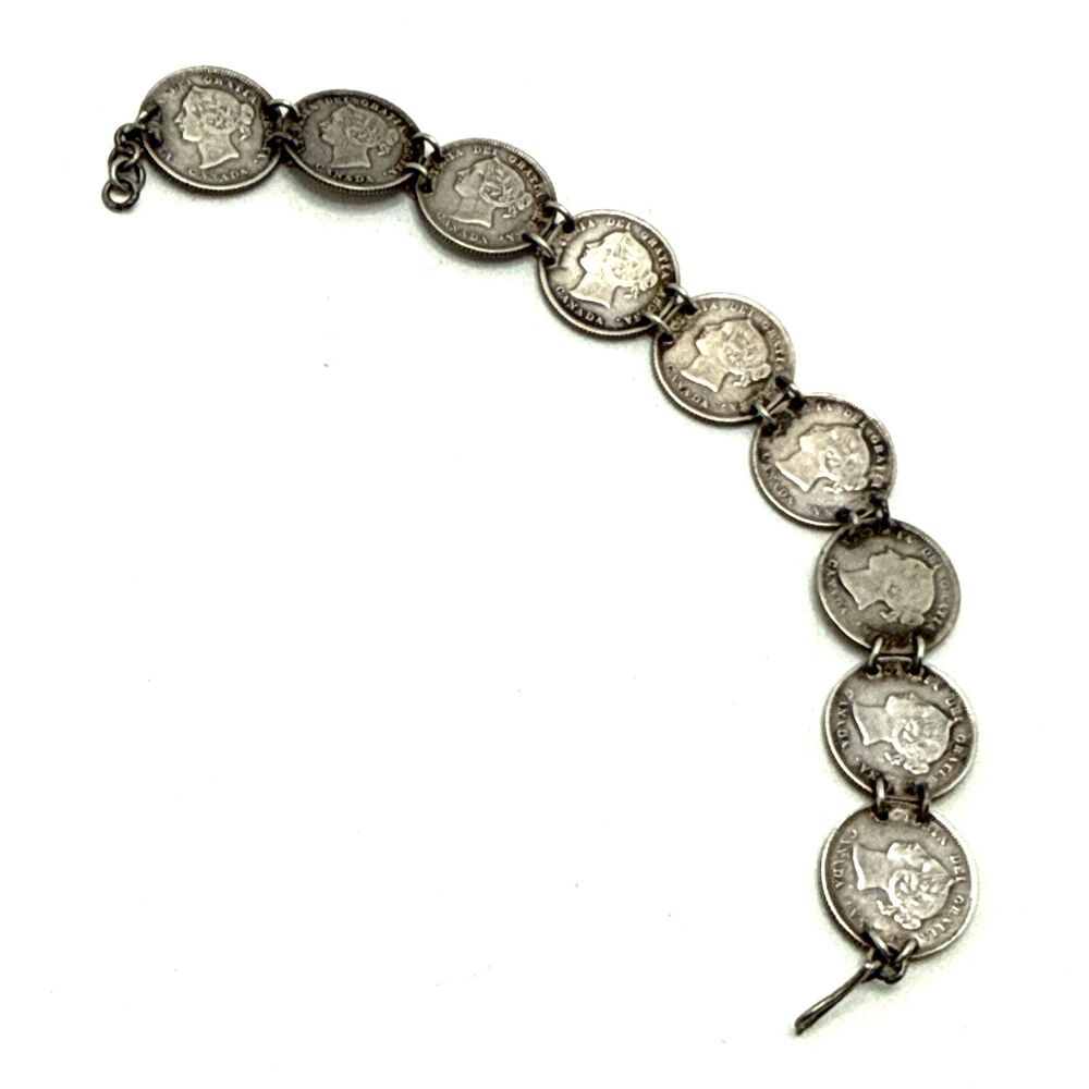 Antique Canadian Queen Victoria 5 Cent Coin Bracelet Sterling Silver 1872-1881